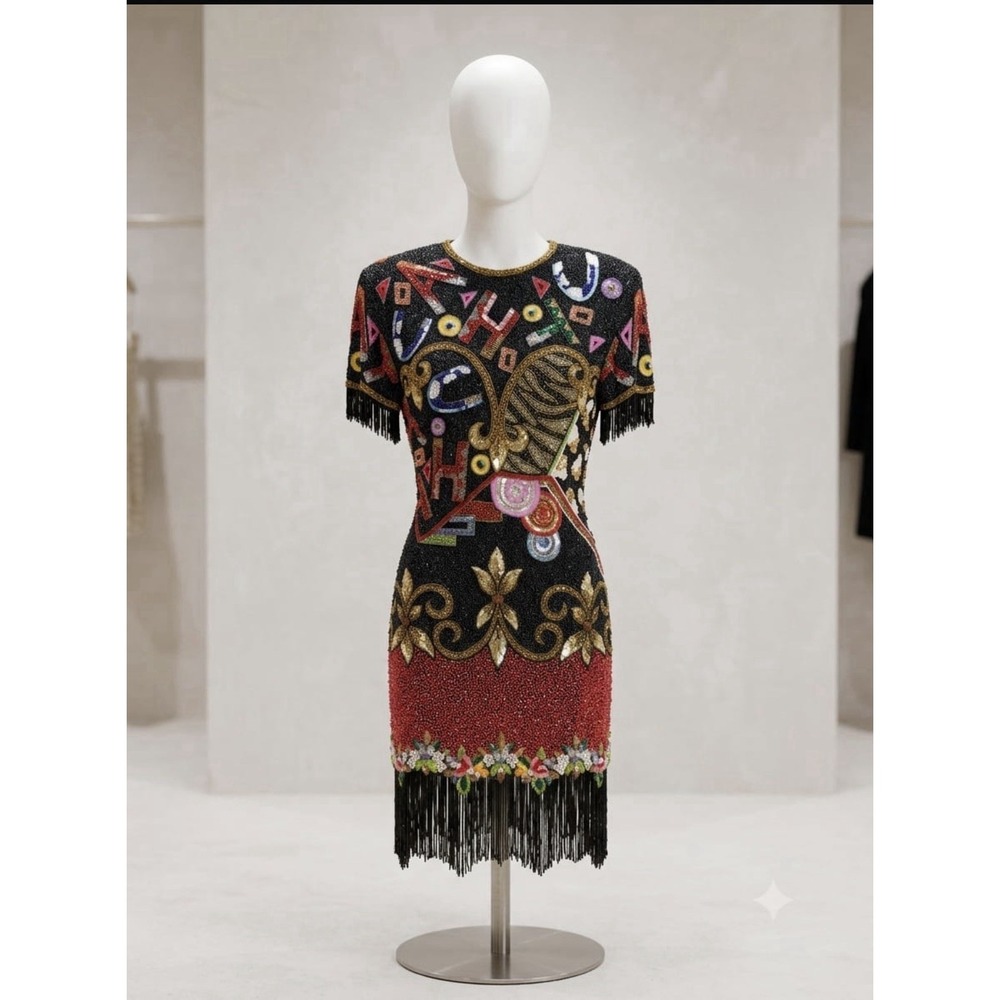 VTG Naeem Khan Riazee Cache ABC Jeweled Beaded Fringe Flapper Dress Petite XS